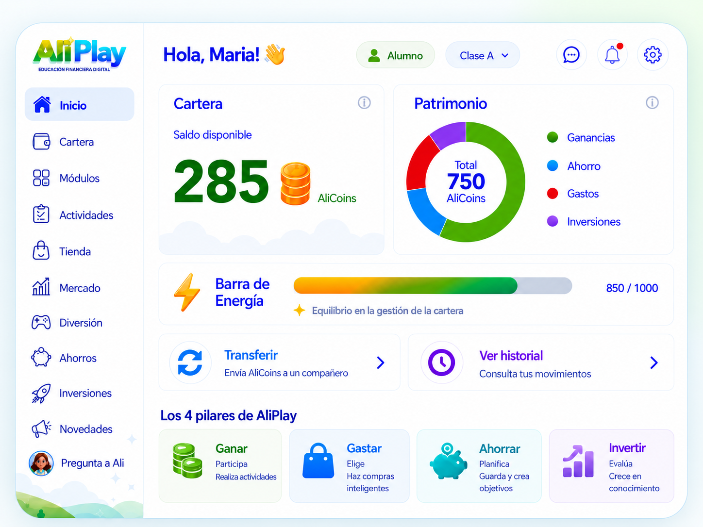 Ejemplo visual del panel del alumno en AliPlay en español