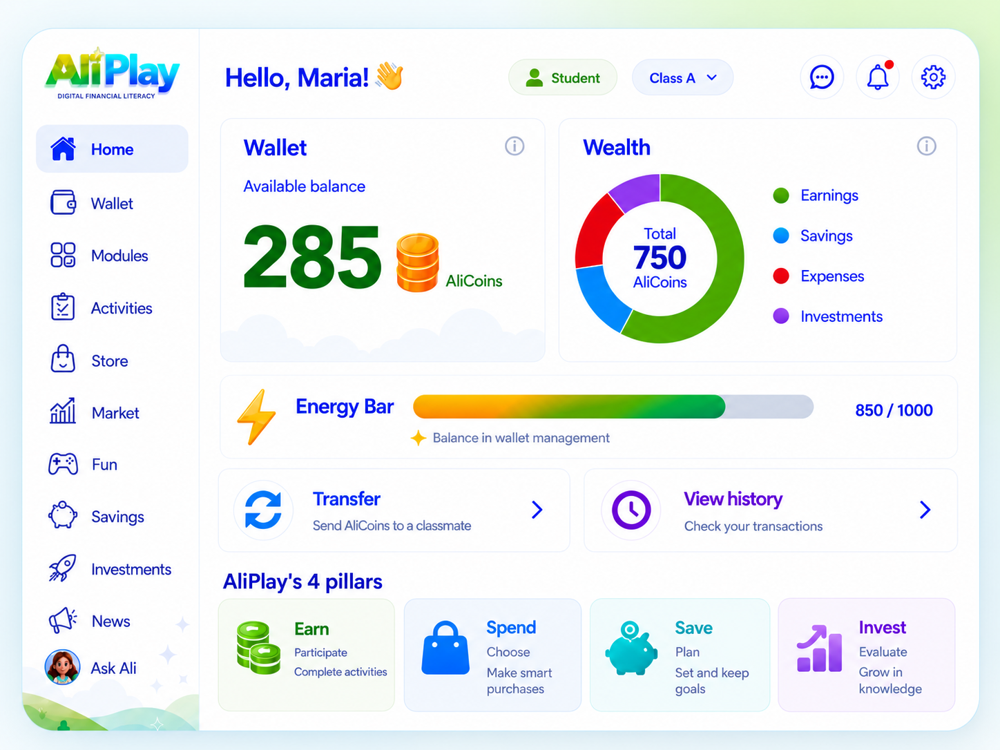Visual example of the AliPlay student dashboard in English